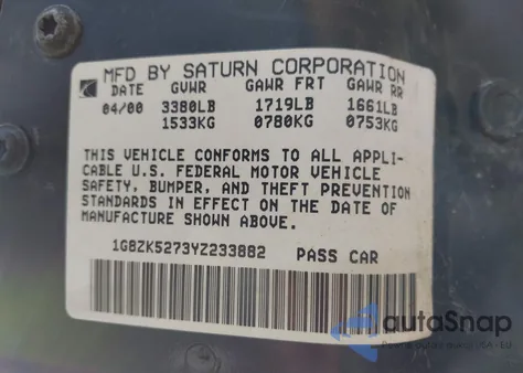 2000 Saturn Sl2 из США, поврежденный, VIN 1G8ZK5273YZ233882